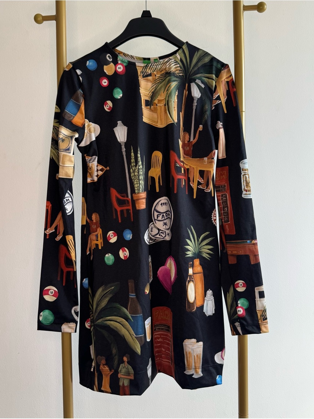 FARM Rio Black Long-Sleeve Printed Shift Dress